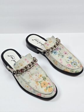 Free People Vida Ivory Floral Leather Chain Embellished Mules Loafers Multi Sz40